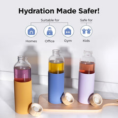 Kuber Industries Water Bottle|Glass Bottle|Sleeve Protection Bottle|Bamboo Lid Water Bottle|Travel Round Bottle|550 ML|Set of 2|Blue