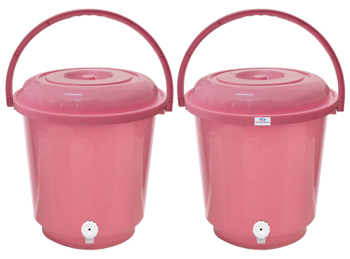 Heart Home Multipurposes Plastic Bucket with Lid & Tap System for Home Cleaning & Save Water, 18Ltr. Pack of 2 (Pink) 52HH3898