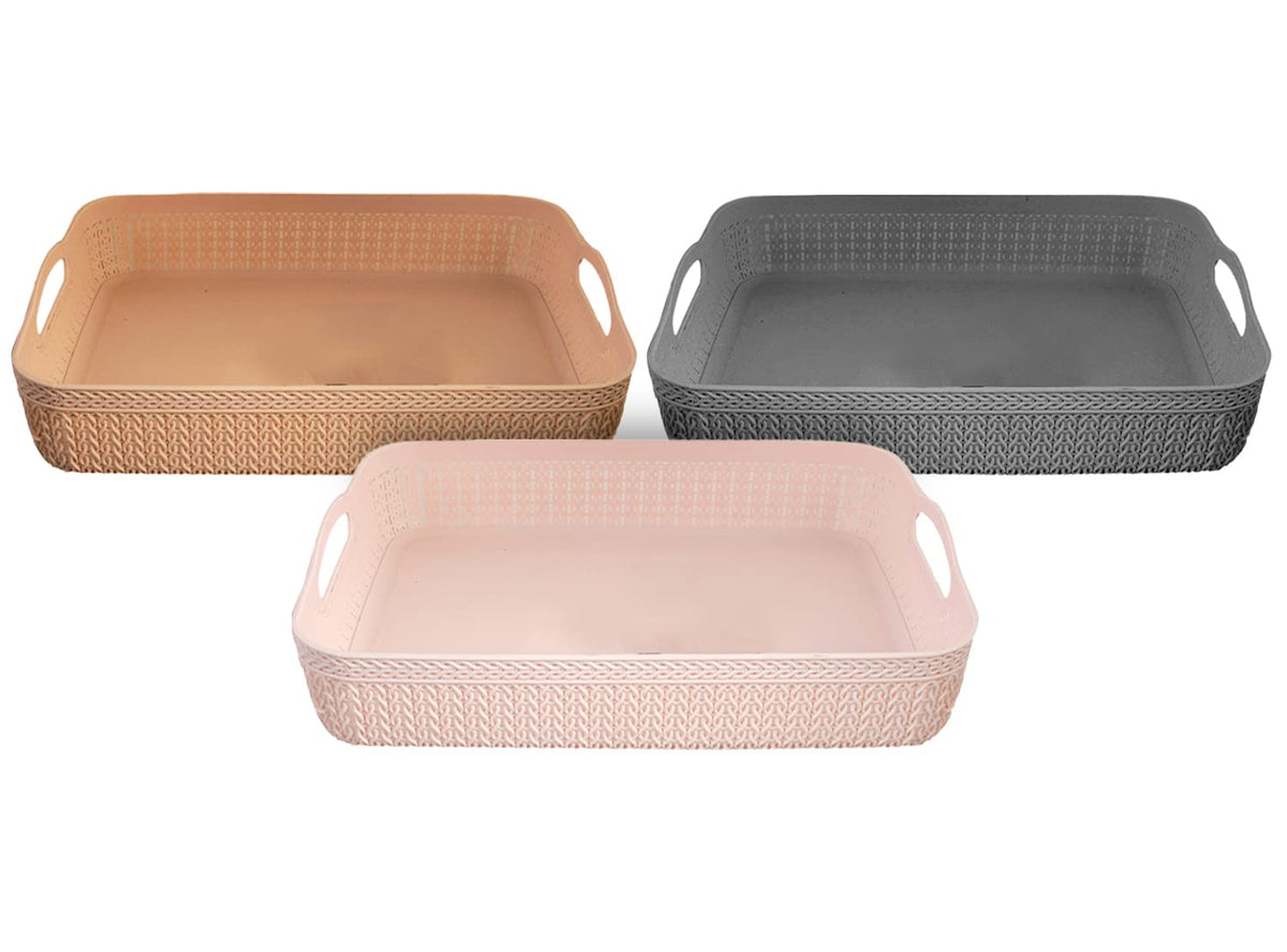 Heart Home Q-3 Multiuses Designer Unbreakable Plastic Storage Basket/Organizer/Bin For Home, Kitchen, Bathroom, Office Use Pack of 3 (Pink & Grey & Coffee)-50HH01527