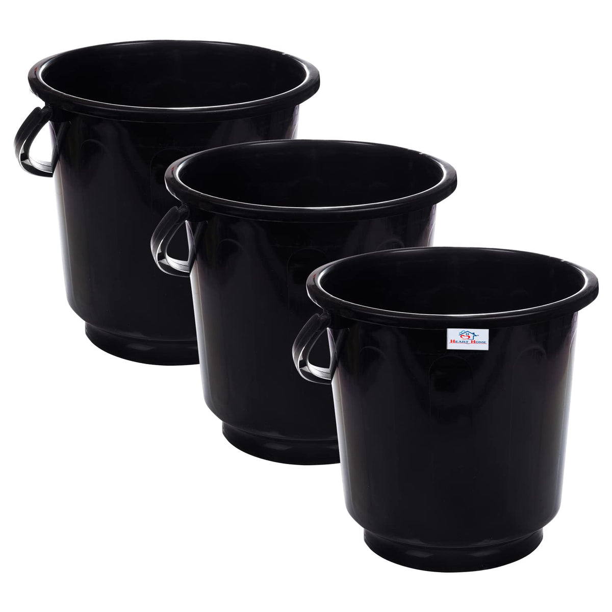 Heart Home Bucket|Plastic Bucket for Bathroom|Bucket for Bathing|Unbreakable Bucket with Handle|16 Liter|Pack of 3 (Black)