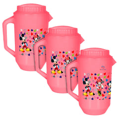 Heart Home Multiuses Mickey & Friends Print Leak Proof Unbreakable Plastic Water Jug with Lid for Water, Juice, Milk 2 Liter Pack of 3 (Pink)
