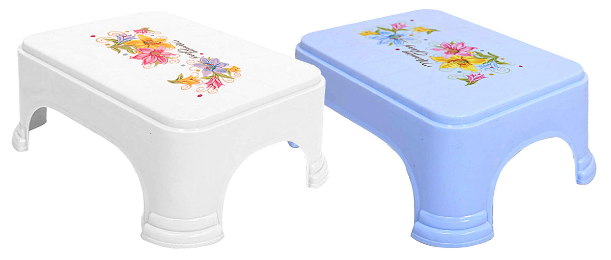 Kuber Industries Floral Print 2 Pieces Plastic Bathroom Stool, Blue & White-KUBMART10878