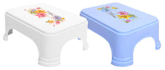 Kuber Industries Floral Print 2 Pieces Plastic Bathroom Stool, Blue & White-KUBMART10878