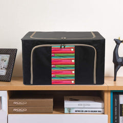 Heart Home Storage Bins, Foldable Stackable Container Organizer Set with Large Window & Carry Handles, Bedroom Closet Organization for Bedding, Linen, Clothes (Black & Grey)-HEART12258, Standard