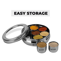 Kuber Industries 7 in 1 Stainless Steel Belly Shape Masala (Spice) Box I 7 Containers and Spoon I See Through Lid I Masala Daani/Dabba for Kitchen I Silver, Large (1250 ml)