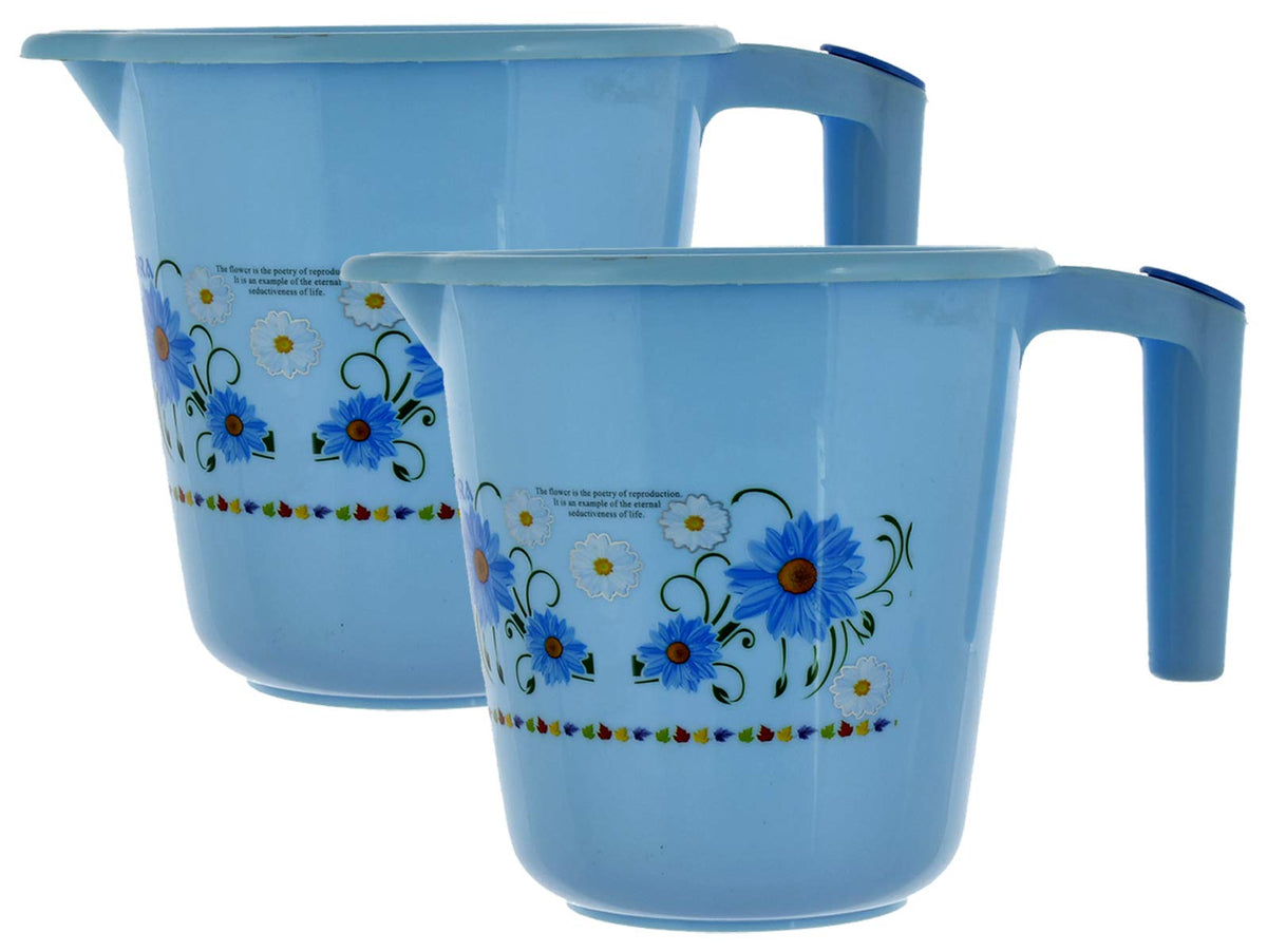 Kuber Industries Floral Printed Rambo Deluxe Virgin Plastic 2 Pieces Bathroom Mug, 1800 ml (Blue)-KUBMART3117