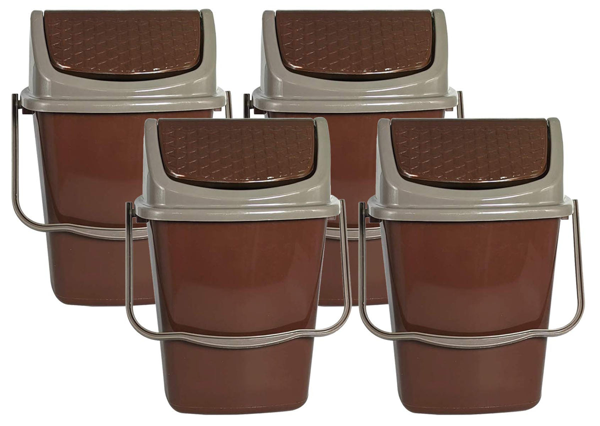 Kuber Industries 4 Pieces Delight Plastic Swing Garbage Waste Dustbin for Home, Office with Handle, 5 Liters (Brown)