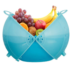 Heart Home Plastic Drain Basket/Washing Bowl For Fruits, Vegetables, Pasta, Poha With Swinging Lid- Pack of 2 (Blue)-50HH01832