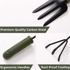 Kuber Industries Garden Tools|Small & Big Hand Trowels|Hand Cultivator|Hand Weeder & Fork Carbon Steel|SJ-5020|Set of 5|Green & Black