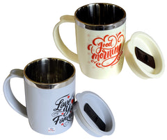 Heart Home Double Wall Vacuum Insulated Food Grade BPA Free Plastic Coffee Mug with Lid, Pack of 2 (Grey & Cream)