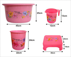 Heart Home Printed 4 Pieces Plastic Mug, Stool, Dustbin & Tub Set (Pink)