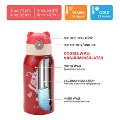 Homestic Water Bottle for Kids | Mooh Design Stainless Steel Flask with Straw, Cup & Fabric Cover | Sipper Bottle for Kids | Food Grade Plastic Lid | Broad Fabric Strap | Leak Proof, BPA Free | 500 ml