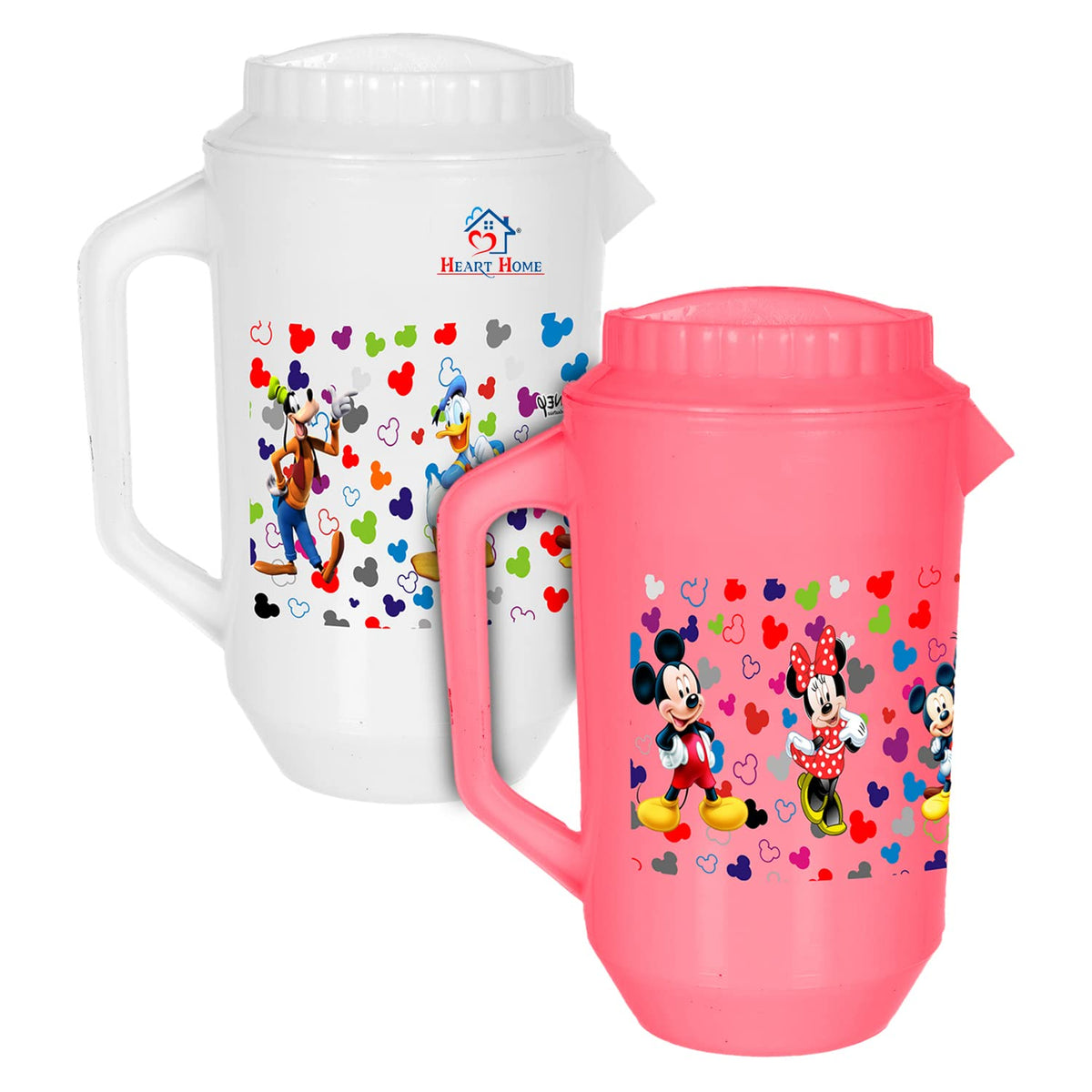 Heart Home Multiuses Mickey & Friends Print Leak Proof Unbreakable Plastic Water Jug with Lid for Water, Juice, Milk 2 Liter Pack of 2 (Pink & White)