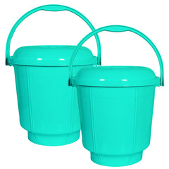 Kuber Industries Unbreakable Plastic Durable & Lightweight Strong Bathroom Bucket with Lid and Handle,13 LTR,Pack of 2 (Mint Green)