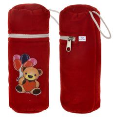 Heart Home Cartoon Printed Soft Velvet Stretchable Baby Feeding Bottle Cover With Easy to Hold Strap, Pack of 2 (Red)