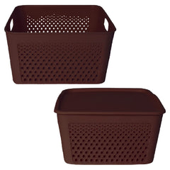 Heart Home Netted Design Unbreakable Multipurpose Square Shape Plastic Storage Baskets with lid Large (Brown)