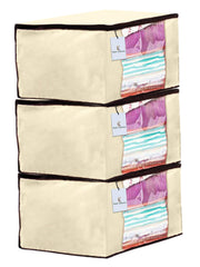 Kuber Industries 3 Piece Non Woven Fabric Saree Cover Set with Transparent Window, Extra Large, Ivory