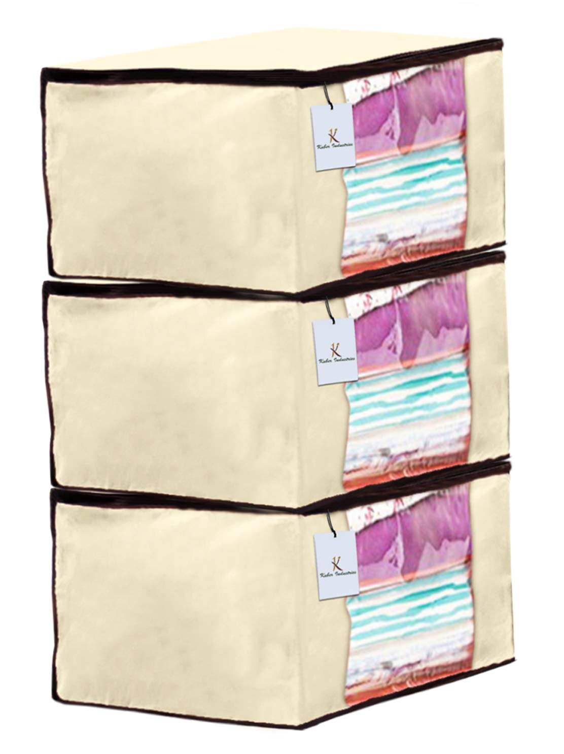 Kuber Industries 3 Piece Non Woven Fabric Saree Cover Set with Transparent Window, Extra Large, Ivory-CTKTC23729