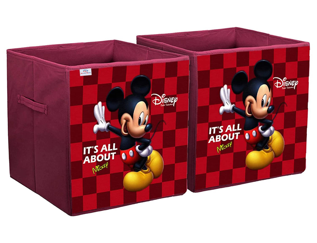 Heart Home Non-Woven Mickey Print Flodable Storage Box/Wardrobe Organizer For Home Decor, Pack of 2 (Maroon) 54HH4237.