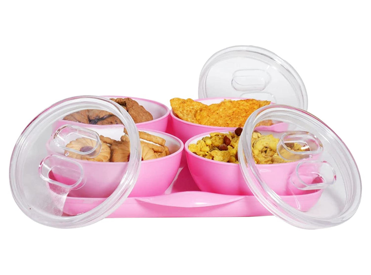 Heart Home Food Grade Microwave Safe Plastic 1 Square Tray & 4 Bowls Set with Silicon Rubberized Ring Lid (Pink)-50HH01378