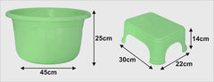 Kuber Industries 2 Pieces Plastic Bathroom Tub & Stool Set (Green)