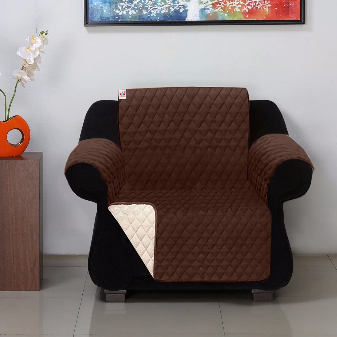 Fun Homes Polyester Reversible 1 Seater Polyester Sofa Cover (HS_36_FUNHOMES018997, Brown and Ivory, Standard)