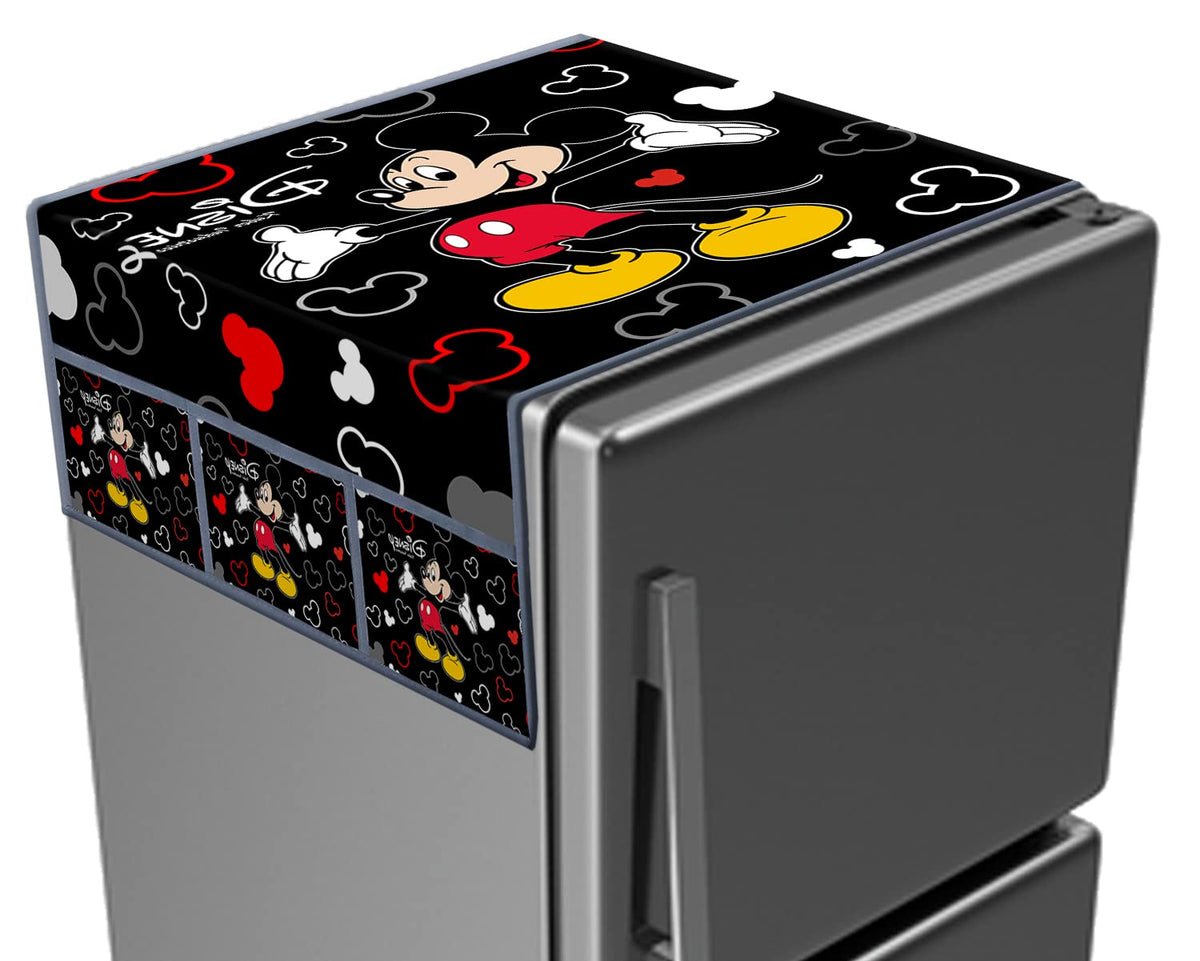 Heart Home Disney Mickey Printed Satin Fridge Top Cover, Protect for Scratches, Wear & Tear and Dust with 6 Utility Side Pockets (Black)