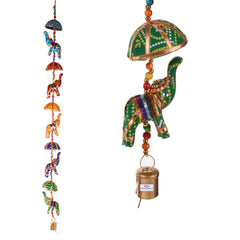 Heart Home Rajasthani Traditional Windchimes|5 Hanging Umbrella & Elephants|Polyester Handcrafted Latkan|Decorative Door Hanging Latkan (Multicolor)