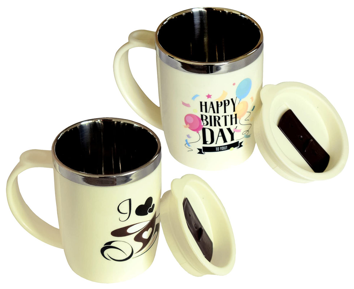 Kuber Industries Double Wall Vacuum Insulated Food Grade BPA Free Plastic Coffee Mug with Lid, Pack of 2 (Cream)