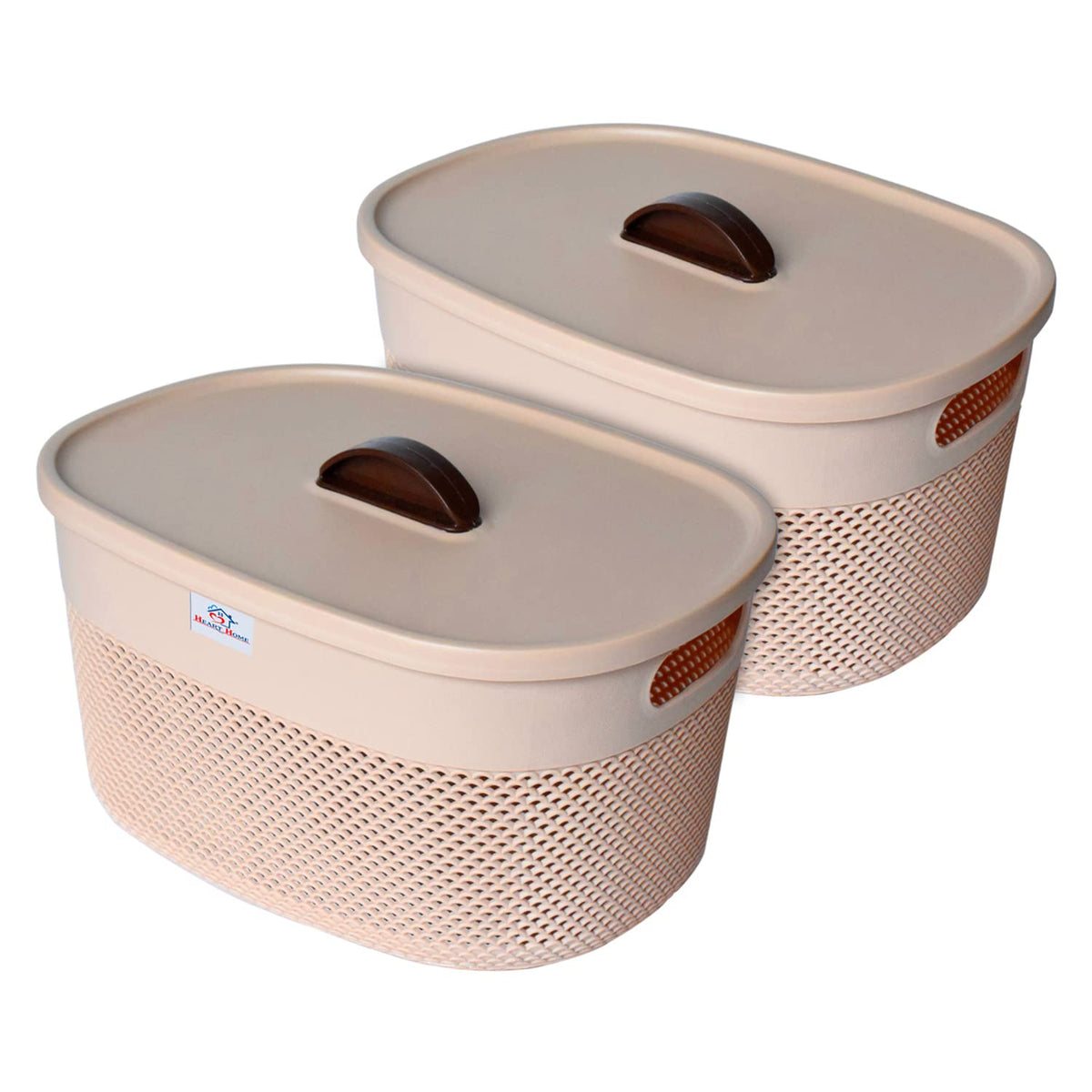 Heart Home Unbreakable Medium Multipurpose Storage Baskets with lid|Design-Netted|Material-Plastic|Shape-Oval|Color-Beige|Pack of 2