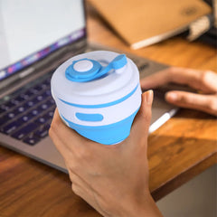 Kuber Industries Collapsible Coffee Cup|Silicone Portable Travel Coffee Mug|Camping Cup with Lid for Travel,Hiking Outdoors,350 ML,(Blue)