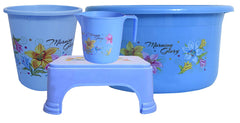 Kuber Industries Printed 4 Pieces Unbreakable Virgin Plastic Multipurpose Mug, Stool, Dustbin & Tub Set (Blue)