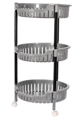 Heart Home Plastic 3-Tier Multi-Purpose Round Rolling Storage Cart Organizer Shelf Rack With Wheels (Grey) -46HH0557