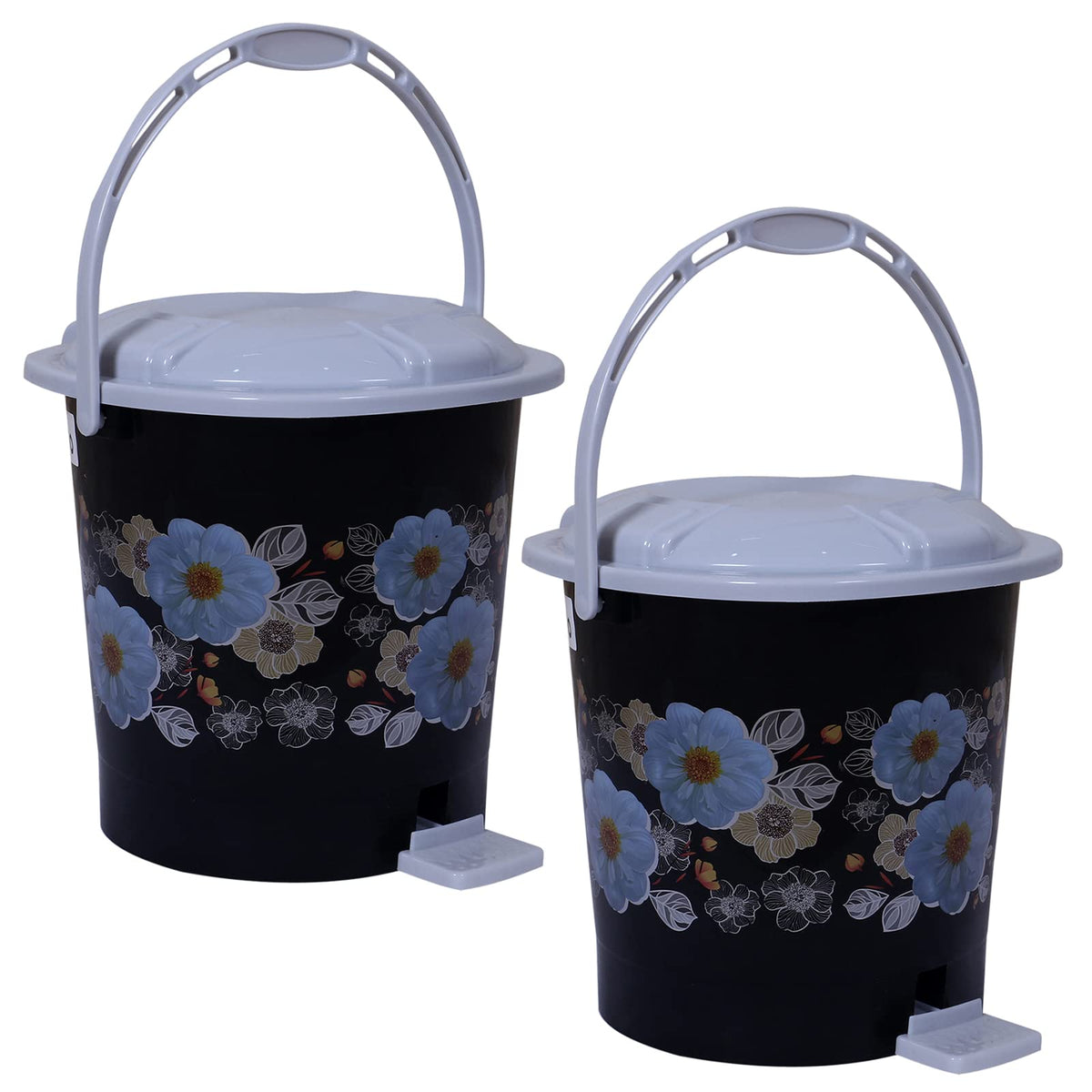 Kuber Industries Durable Flower Print Plastic Pedal Dustbin|Waste Bin|Trash Can For Kitchen & Home With Handle,7 Litre,Pack of 2 (Black)