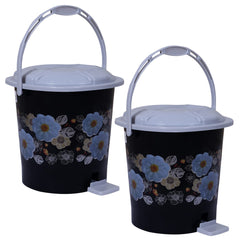 Kuber Industries Durable Flower Print Plastic Pedal Dustbin|Waste Bin|Trash Can For Kitchen & Home With Handle,7 Litre,Pack of 2 (Black)