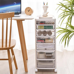 Kuber Industries 5 Layer Cosmetic Cabinet with Trolley|5-Tier Rolling Cart|Shelf Stand With Drawer|White