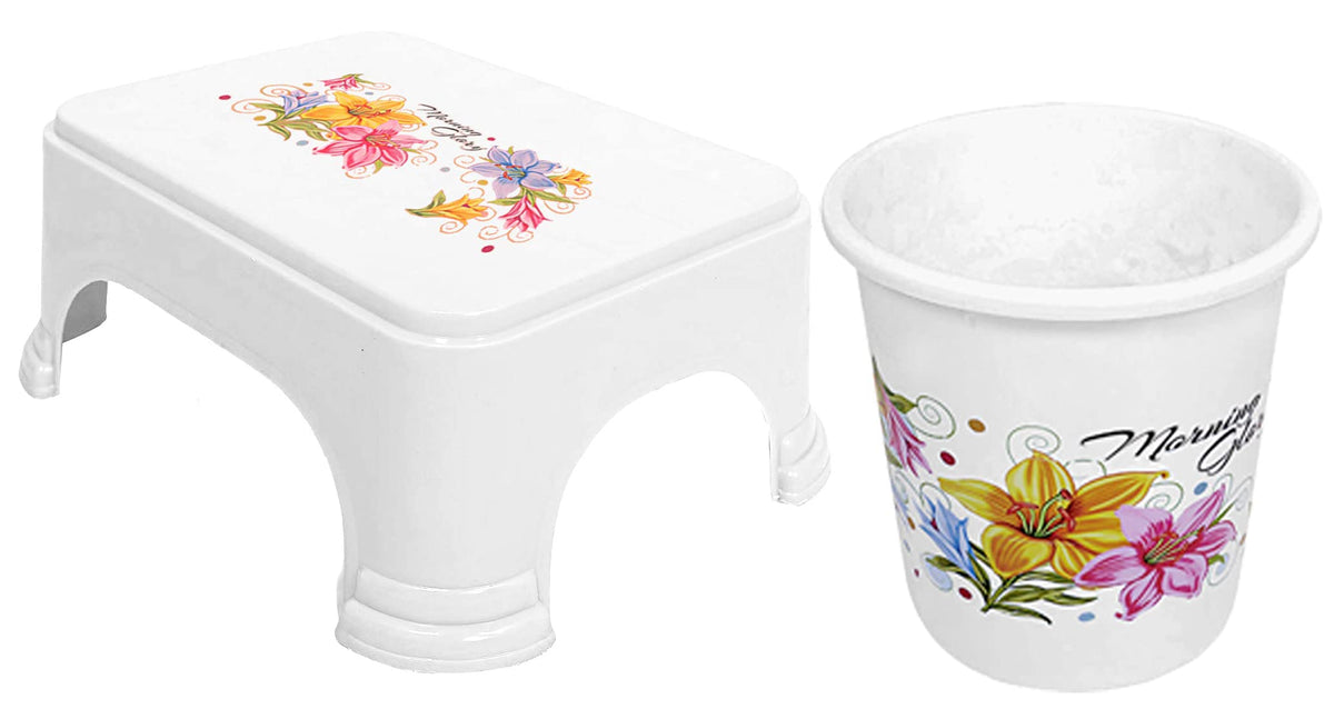 Kuber Industries Printed 2 Pieces Plastic Bathroom Dustbin & Stool Set (White)