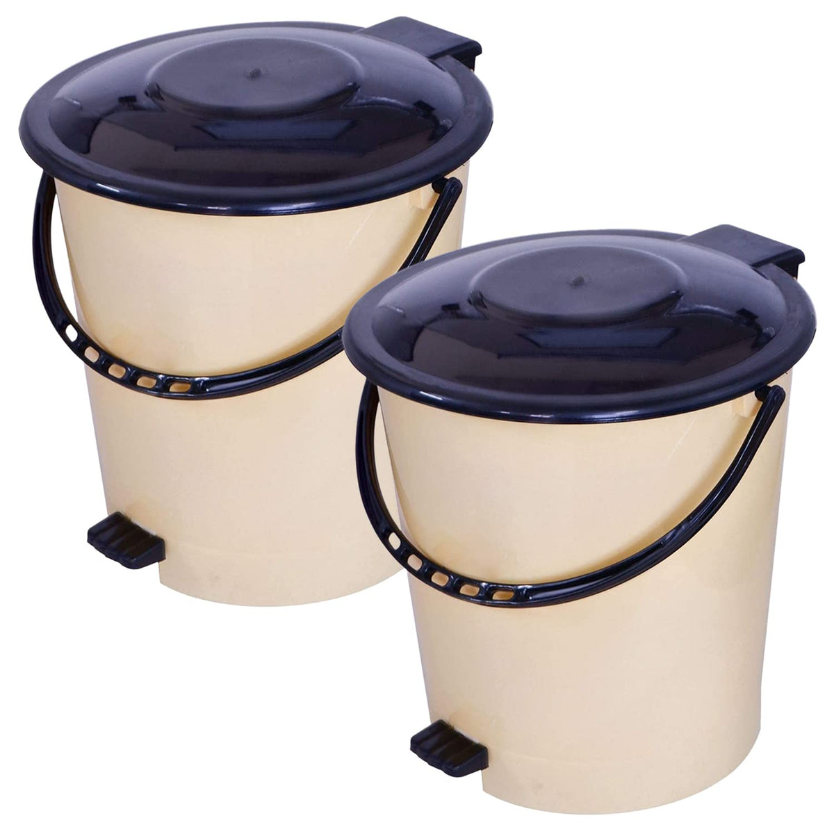 Heart Home Plastic Pedal Dustbin/Wastebin With Handle, 10 Liter- Pack of 2 (Cream & Brown)-47HH0995