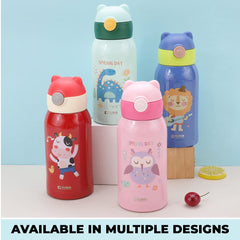 Kuber Industries Water Bottle for Kids, Shera Design Stainless Steel Flask with Straw, Cup & Fabric Cover, Sipper, Food Grade Plastic Lid, Broad Fabric Strap, Leak Proof, BPA Free, 500 ml (Pack of 1)
