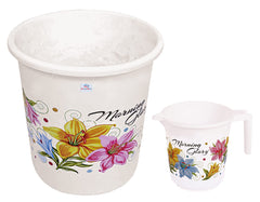 Heart Home Printed 2 Pieces Plastic Bathroom Dustbin & Mug Set (White)