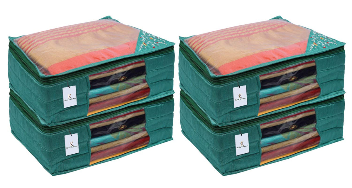 Kuber Industries 3 Layered Quilted Silk 4 Pieces Saree Cover (Green) -CTKTC24690