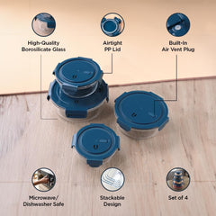 Kuber Industries Borosilicate Glass Containers with Lid - Glass Lunch Box with Air Vent Lid,Airtight Kitchen Containers Set-Microwave Safe, Leak Proof,Set of 4-420ml,660ml,950ml,1300ml (Round)