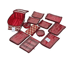 Kuber Industries Brocade Jewellery kit with 12 Pouch|Solid Print With Waterproof Outer Material|12 Pouches & Zipper Closure|Size 25 x 17 x 10, Pack of 1 (Maroon)