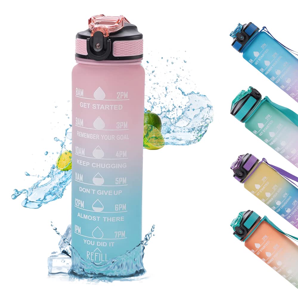 Homestic Motivational Water Bottle with Time Marker | Sipper Water Bottle for Kids & Adults with Straw | For Gym, Home, Office & School | Pink Blue -1 L