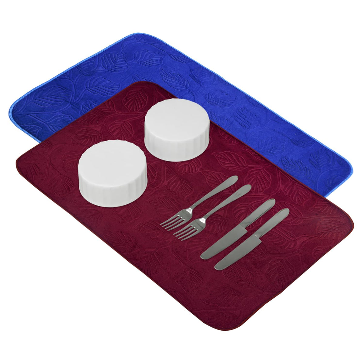 Heart Home Dish Dry Mat | Microfiber Self Drying Mat | Kitchen Drying Mat | Water Absorbent Kitchen Mat | Embossed Dish Dry Mat | 38x50 | Pack of 2 | Maroon & Blue