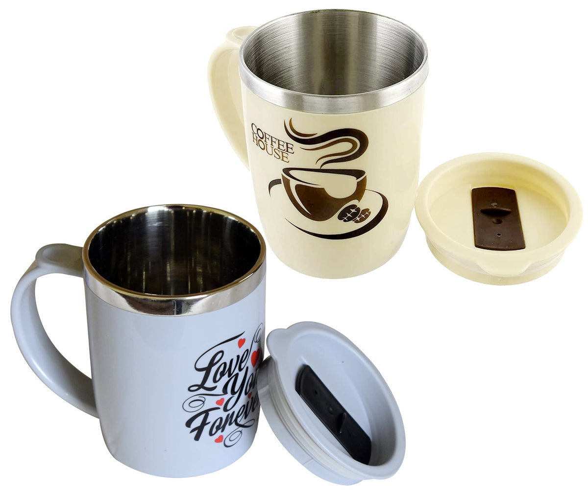 Kuber Industries Double Wall Vacuum Insulated Food Grade BPA Free Plastic Coffee Mug with Lid, Pack of 2 (Grey & Cream)