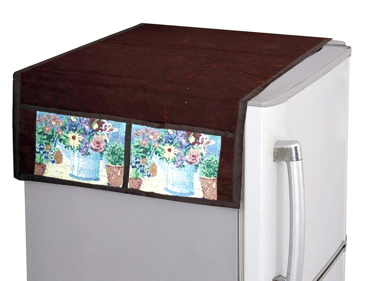 Kuber Industries Basket Design Velvet Fridge Top Cover, Protect for Scratches, Waterproof, Wear & Tear and Dust with 6 Utility Side Pockets (Brown)-HS_38_KUBMART21073, Standard (HS_38_KUBMART021073)