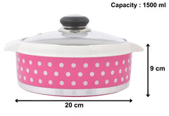 Heart Home Dot Printed Inner Steel Casserole with Toughened Glass Lid, 1500ml- Pack of 2 (Pink)-HS42KUBMART25007