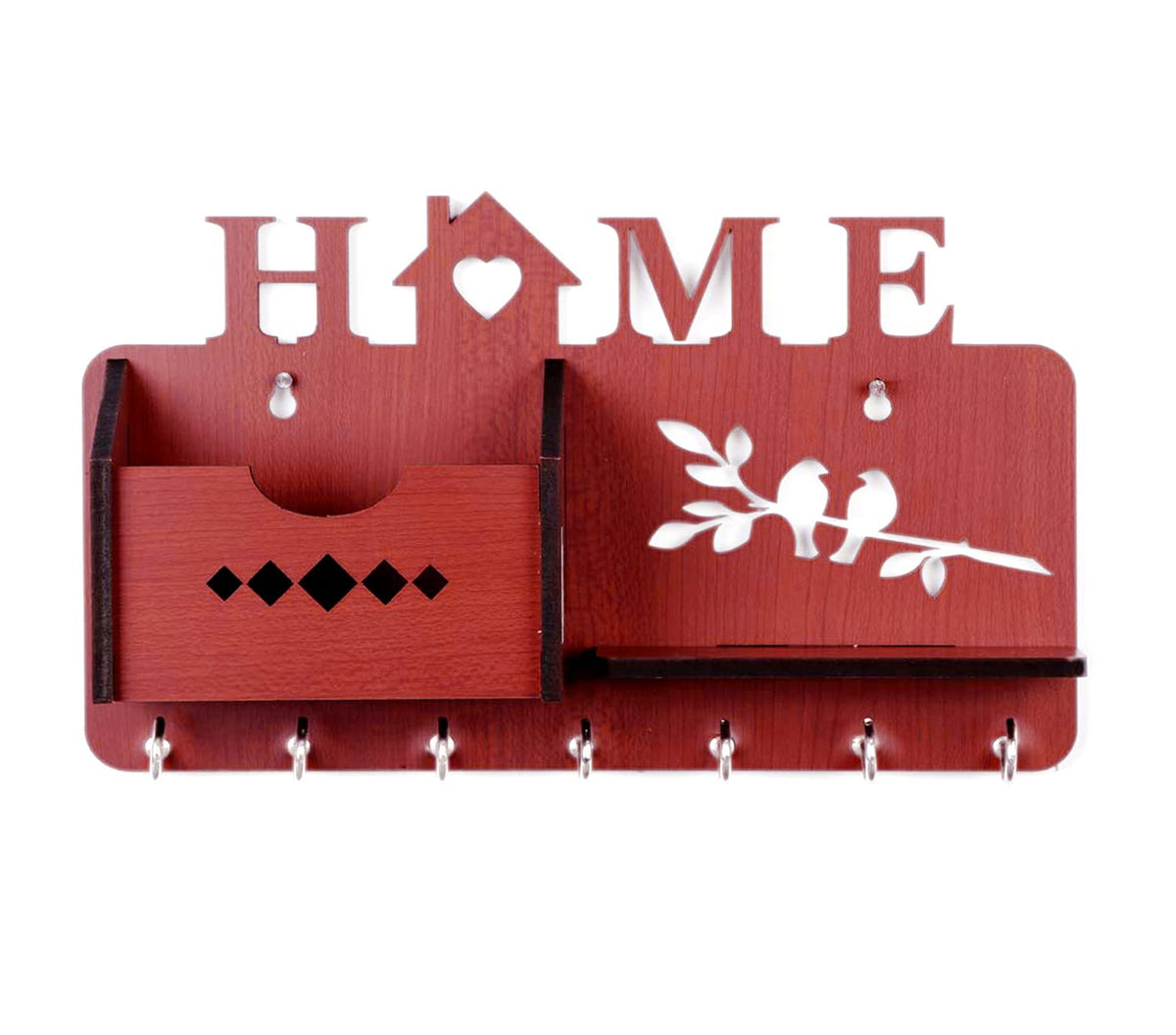 Kuber Industries Wood Home Design Wall 7 Hooks Key Holder | Mail Holder With Stand & Extra Shelf for Home Decorations (Brown)