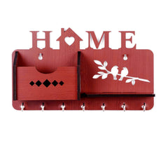Kuber Industries Wood Home Design Wall 7 Hooks Key Holder | Mail Holder With Stand & Extra Shelf for Home Decorations (Brown)